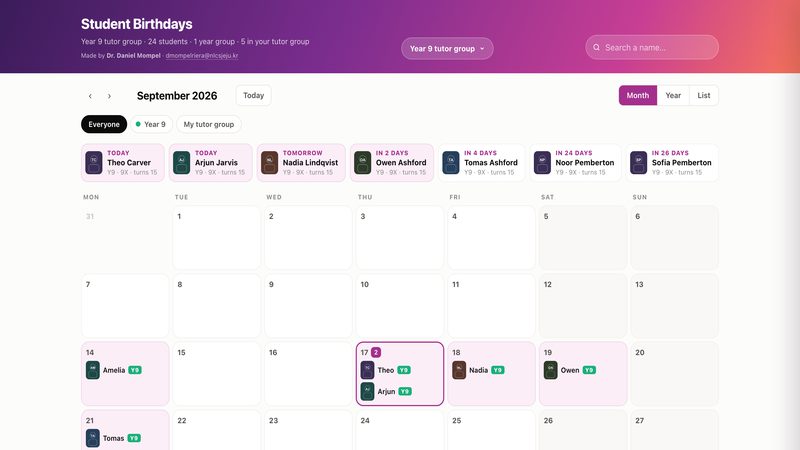 A birthday calendar for September, with cards for today and the days after along the top.