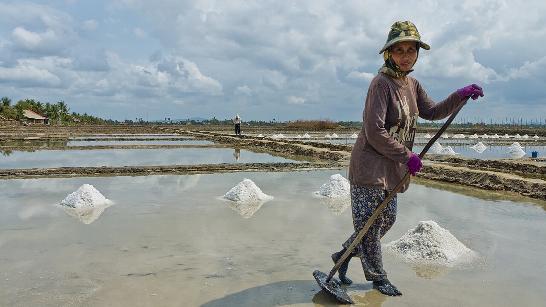 A woman in a hat rakes salt in a flooded salt pan. Small heaps of white salt stand in the shallow water behind her.
